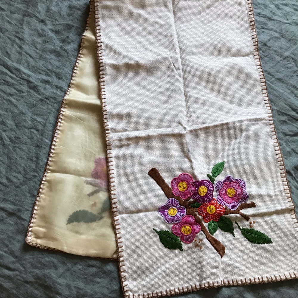 Artisan handmade Floral embroidered crochet edge table runner 51.5 x15 in